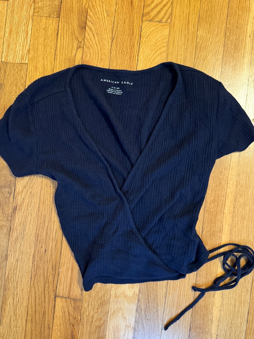 American Eagle Outfitters Navy Wrap Short Sleeve Crop Top with Side Tie